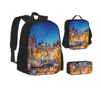 ASEELO Lot de 3 sacs à dos d'école, trousse à crayons, sac à déjeuner, sac à dos pour filles et garçons, Amsterdam Night View, School bag + pencil case + lunch bag combination