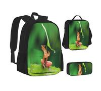 ASEELO Lot de 3 sacs à dos d'école, trousse à crayons, sac à déjeuner, sac à dos pour filles et garçons, Parapluie grenouille avec feuille, School bag + pencil case + lunch bag combination