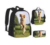 ASEELO Lot de 3 sacs à dos d'école, trousse à crayons, sac à déjeuner, sac à dos pour filles et garçons, Golden Retriever Running, School bag + pencil case + lunch bag combination