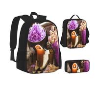 ASEELO Lot de 3 sacs à dos d'école, trousse à crayons, sac à déjeuner, sac à dos pour filles et garçons, Sel de fleur de lavande et de spa, School bag + pencil case + lunch bag combination