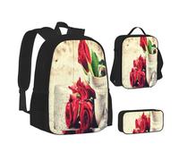 ASEELO Lot de 3 sacs à dos d'école, trousse à crayons, sac à déjeuner, sac à dos pour filles et garçons, Roses rouges., School bag + pencil case + lunch bag combination