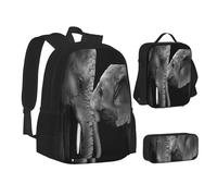 ASEELO Lot de 3 sacs à dos d'école, trousse à crayons, sac à déjeuner, sac à dos pour filles et garçons, Deux éléphants noirs et blancs, School bag + pencil case + lunch bag combination