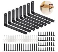 ASelected 8 Pcs Equerre Etagère Murale Metal Noir, 125x75x20mm Support Équerres Noirs en Fer, Equerre de Fixation pour Etagere de Bois avec 48 Pcs Vis et 16 Pcs Ancres