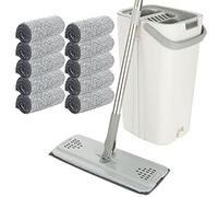 ASelected Ensemble balai plat et seau mains libres avec 10 serpillères réutilisables en microfibre et manche en acier inoxydable de 123 cm de long, balai en microfibre pour carrelage, marbre, bois dur