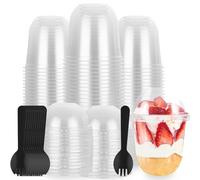 ASelected Lot de 100 Coupes à Dessert avec Couvercle 360 ML, Tasses à Dessert en Plastique avec 100 Couvercle et 100 Cuillères, Verrines pour Dessert, Apéritifs, Tiramisus
