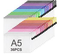 ASelected Lot de 36 enveloppes avec fermeture éclair A5, 12 couleurs transparentes sacs de fichier maille, imperméable à l'eau enveloppe porte-documents avec fermeture éclair, pochettes zippées pour