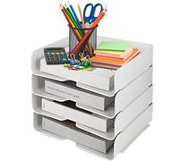 ASelected Plateaux de classement empilables à 4 Niveaux A4-31,5 x 24,5 x 7 cm - en Plastique Blanc - pour Magazines, reçus, Fournitures de Bureau (Blanc)