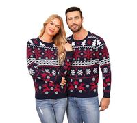 Aseniza Pull Noel Femme Homme Pull Moche de Noël Femme Ugly Christmas Sweater Drôle pour Couple Famille Hiver Chaud à Manches Longues avec Motif Flocon de Neige et Wapiti Bleu Foncé,M
