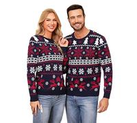 Aseniza Pull Noel Homme Femme Pull Moche de Noël Homme Ugly Christmas Sweater Drôle pour Couple Famille Hiver Chaud à Manches Longues avec Motif Flocon de Neige et Wapiti Bleu Foncé,L