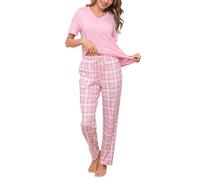 Aseniza Pyjama Femme Été Coton - Ensemble de Pyjama Élégant avec Pantalon Long à Carreaux, Taille Bien Ajustée, Idéal pour Dormir ou Se Détendre à la Plage,Rose A#,M