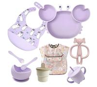 ASENME Vaisselle enfant, assiettes bébé avec ventouse, lot de 9 pièces Vaisselle pour enfants en silicone (Chats violets)