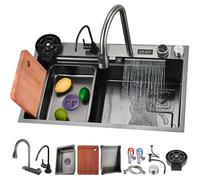 ASerZenith Évier de Cuisine 80 x 50 cm en Acier Inoxydable doré, Design Cascade Polyvalent, spacieux, à Une cuve, avec Robinet Extensible et Ensemble d'accessoires Complet.,Black B-70x50x22cm