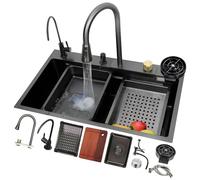 ASerZenith Évier de Cuisine 80 x 50 cm en Acier Inoxydable doré, Design Cascade Polyvalent, spacieux, à Une cuve, avec Robinet Extensible et Ensemble d'accessoires Complet.,Black a-85x45x22cm