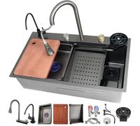 ASerZenith Évier de Cuisine 80 x 50 cm en Acier Inoxydable doré, Design Cascade Polyvalent, spacieux, à Une cuve, avec Robinet Extensible et Ensemble d'accessoires Complet.,Black a-80x50x22cm