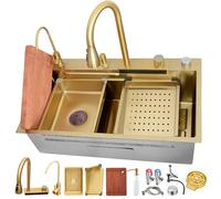 ASerZenith Évier de Cuisine 80 x 50 cm en Acier Inoxydable doré, Design Cascade Polyvalent, spacieux, à Une cuve, avec Robinet Extensible et Ensemble d'accessoires Complet.,Gold-70x50x22cm
