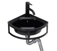 ASerZenith Lavabo d'angle Mural pour Salle De Bain avec Robinet d'eau Chaude Et Froide, Évier Utilitaire en Acier Inoxydable 304 avec Tuyau D'Arrivée d'eau Et Kit De Vidange pour CU,Black