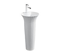 ASerZenith Lavabo sur pied rond, lavabo à colonne moderne en céramique avec kit de vidange et robinet, lavabo sur colonne de salle de bain (blanc-A)