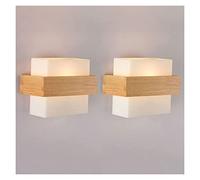 ASerZenith Lot De 2 Appliques Murales Carrées en Bois avec Abat-Jour en Verre, Applique Murale E27, Luminaires D'Intérieur pour Tête De Lit, Luminaires Muraux en Bois pour Chambre À Coucher, Couloir