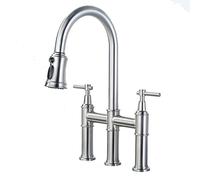 ASerZenith Robinet d'évier pivotant en Laiton avec douchette extractible à Trois Fonctions, mitigeur de Cuisine à Deux poignées pour Eau Chaude et Froide, Trois Trous.,Brushed Nickel
