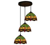 ASerZenith Suspension Libellule Verte Style Tiffany, 20 Cm, Vitrail, Hauteur Réglable, Culot E27, pour Salle À Manger Ou Cuisine(3 Light 25cm)