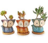 ASFASFq-10CM Petit Cache Pots pour Cactus avec Plateau Bambou Lot de 3, Mignon Renard Cactus Pot de Succulente Ronde Planteur de Céramique Jardinière Contenant Décoration de Maison Bureau Cadeau