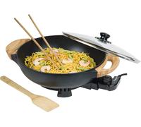 Asfasfq-Aew100as Wok Électrique Avec Poignées En Bambou, Poêle Wok Xl Avec Couvercle En Verre Au Design Asiatique, Spatule En Bambou, 2 Baguettes Et Livre De Recettes 1500 W, Noir, Métal, 5 Litres