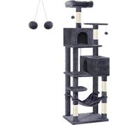 Asfasfq-Arbre À Chat 191 Cm De Hauteur, Tour De Jeux, Avec 5 Poteaux À Griffer, 2 Plateformes, 2 Niches, Un Hamac, 2 Pompons, Tissu Peluche, Multi-Niveaux, Gris Foncé Pct191g01