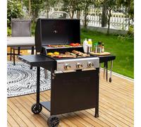 ASFASFq-Barbecue Gaz sur Chariot, 3 Brûleurs BBQ Gaz avec Capot, Puissance 9kW Propane, 2 Grilles en Émaillée, 2 Table Latérales, Thermomètre Intégré, Adapté pour Jardin et Camping