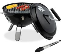 ASFASFq-Barbecue Portable, Grill Rond, Ø37 cm, pour Table, Jardin, Balcon, avec Couvercle, bac à Charbon & Pince, Noir