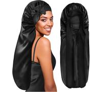 Asfasfq-Bonnet Satin Cheveux Nuit Long Pour Dormir, Bonnet En Satin Pour Cheveux Charlotte Locks Bouclés, Ajustable Avec Long Elastique Pour Femmes Et Hommes, Noir
