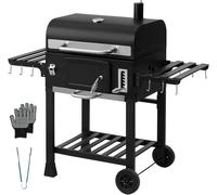 ASFASFq-Chariot de Cuisson au Charbon de Bois XXL, Barbecue avec Couvercle, Thermomètre, Gants Anti-Chaleur, Cheminée et Ouvre-Bouteille Intégré, Fumoir Grand Modèle pour Barbecue Charbon de Bois