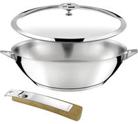Asfasfq-Cuisinox - Eclipse - Wok 28 Cm Tout Inox - Fond Encapsulé - Compatible Tous Feux Dont Induction - Acier Inoxydable 18/10 - Finition Miroir - Poignée Amovible Effet Bois, Gris