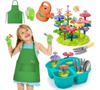 ASFASFq-deAO Jouet de Jardin Fleuri pour Filles de 3 Ans+, Outils de Jardinage pour Enfants, Jouet de Pot de Fleurs DIY avec Boîte de Rangement, Pots de Fleurs, Outils de Jardinage, Arrosoir et Tabli
