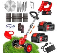 ASFASFq-Débroussailleuse Electrique sans Fil 21V 4.0Ah Coupe Bordure avec 2 Batterie et Chargeur Taille Bordure avec Roues & 3 Types De Lames,Légère à Faible Bruit pour La Coupe De Jardin, Pelouses A