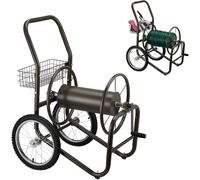 ASFASFq-Dévidoir de Tuyau d¿arrosage, Max 90 m de Tuyau, 2 Roues en Caoutchouc, Panier pour Accessoires, métal, Brun
