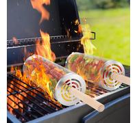 ASFASFq-Ensemble de panier de barbecue à roulettes, poignée en bois amovible, en acier inoxydable, accessoire de barbecue pour légumes, crevettes, camping, extérieur, cadeau pour homme