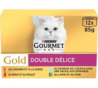 Asfasfq-Gold Double Délice B?Uf-Poulet, Lapin-Foie, Poisson De L'océan Sauce Aux Epinards, Canard-Dinde, 12 X 85g X 8 Lot