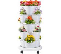 ASFASFq-Jardinière Verticale à 5 Niveaux, Auto-arrosage, empilable, avec Roues pour Fraises, Herbes, Fleurs, légumes, Blanc