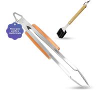 ASFASFq-Kit de pinces pour barbecue en acier inoxydable de 42 cm avec manche en bois et brosse nettoyante, accessoires pour barbecue