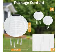 ASFASFq-Lot de 2 lampions solaires de 25 cm pour l'extérieur - Résistant aux intempéries - LED solaire étanche avec 4 pompons - En nylon - Pour jardins, cours, balcons, décoration de mariage (blanc