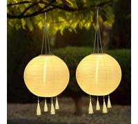 ASFASFq-Lot de 2 lampions solaires d'extérieur de 25 cm - Résistant aux intempéries - LED étanche avec 4 pompons - Lanterne suspendue en nylon pour jardins, cours, balcons, décoration de mariage (bla