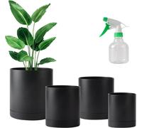 ASFASFq-Lot de 4 Pots de Fleurs en Plastique avec Trou de Drainage et soucoupes pour intérieur et extérieur Noir + Mini pulvérisateur