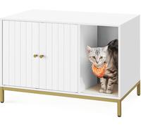 Asfasfq-Meuble Litière Pour Chat, Maison De Toilette Pour Chat, Avec Tapis De Grattage, Pieds Hauts, Table D'appoint, 80 X 50 X 55 Cm, Blanc Et Doré Pcl007w01