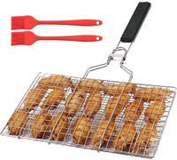 ASFASFq-Panier Barbecue avec Poignée Amovible & 2 Brosses Silicone, Grille Poisson Pliable Acier Inoxydable, Accessoires Griller Portable pour Steak, Crevettes, Légumes, Viande (32 x 21.5cm)