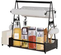 ASFASFq-Panier de barbecue pour camping, pique-nique et extérieur - En acier inoxydable - Organiseur de tasses - Noir - Étagère à épices - Étagère à café avec 4 crochets - Récipient à ustensiles de b