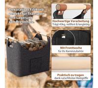 ASFASFq-Panier en feutre XL 60 l et panier à bois pour bois de cheminée - 2 paires de gants - Application en cuir + poignées antidérapantes + poche avant extra large - Panier en feutre pour courses,