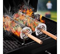 ASFASFq-Panier Grille Barbecue 2 Pièces Grille Iegumes Barbecue Panier à Griller Roulant en Acier Inoxydable avec Poignée Amovible