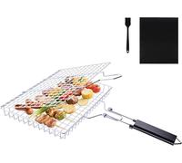 ASFASFq-Panier Grille pour Barbecue - Panier de Barbecue en Acier Inoxydable Avec Poignée Amovible & Brosses en Silicone pour Poissons, Légumes, Crevettes & Steak