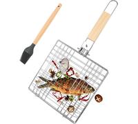 ASFASFq-Panier Grille pour Barbecue, Pliable Panier de Barbecue en Acier Inoxydable avec Brosses en Silicone et Poignée en Bois, Panier à Poisson pour Grillades pour Rôti, Légumes, Crevettes, Steak