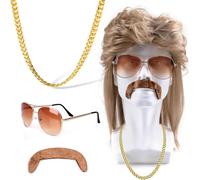 Asfasfq-Perruque Mulet Hommes Année 80 70s, Marron Clair Longue Perruques Avec Lunettes De Soleil, Fausse Barbe, Collier, Disco Rock Coiffure Pour Carnaval, Cosplay, Halloween, Soirée Fête À Thème